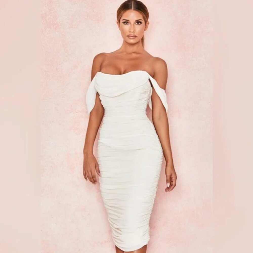 House of CB Carlotta Ivory Ruched Draped Chiffon Dress XS